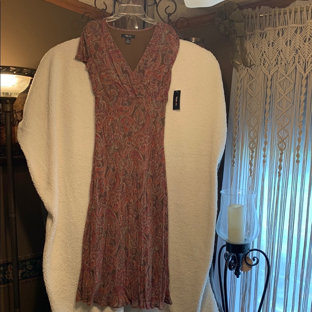 Style & Co. Brown and Red Sheath Maxi Dress V-Neck Cocktail
